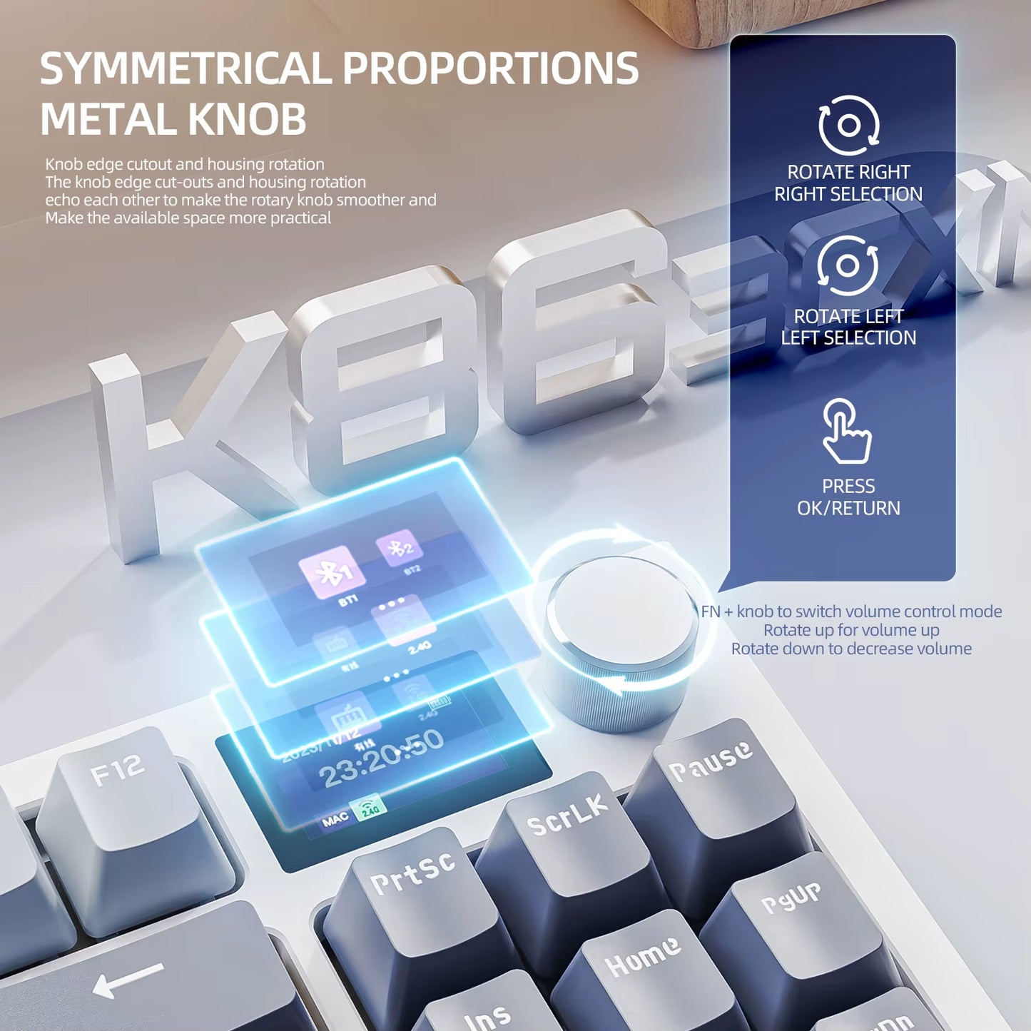 Attackshark K86 Wireless Mechanical Keyboard with Smart Color Screen,Metal Knobs,Cloud Driver, Hot-Swap,Multi-Function,Bluetooth