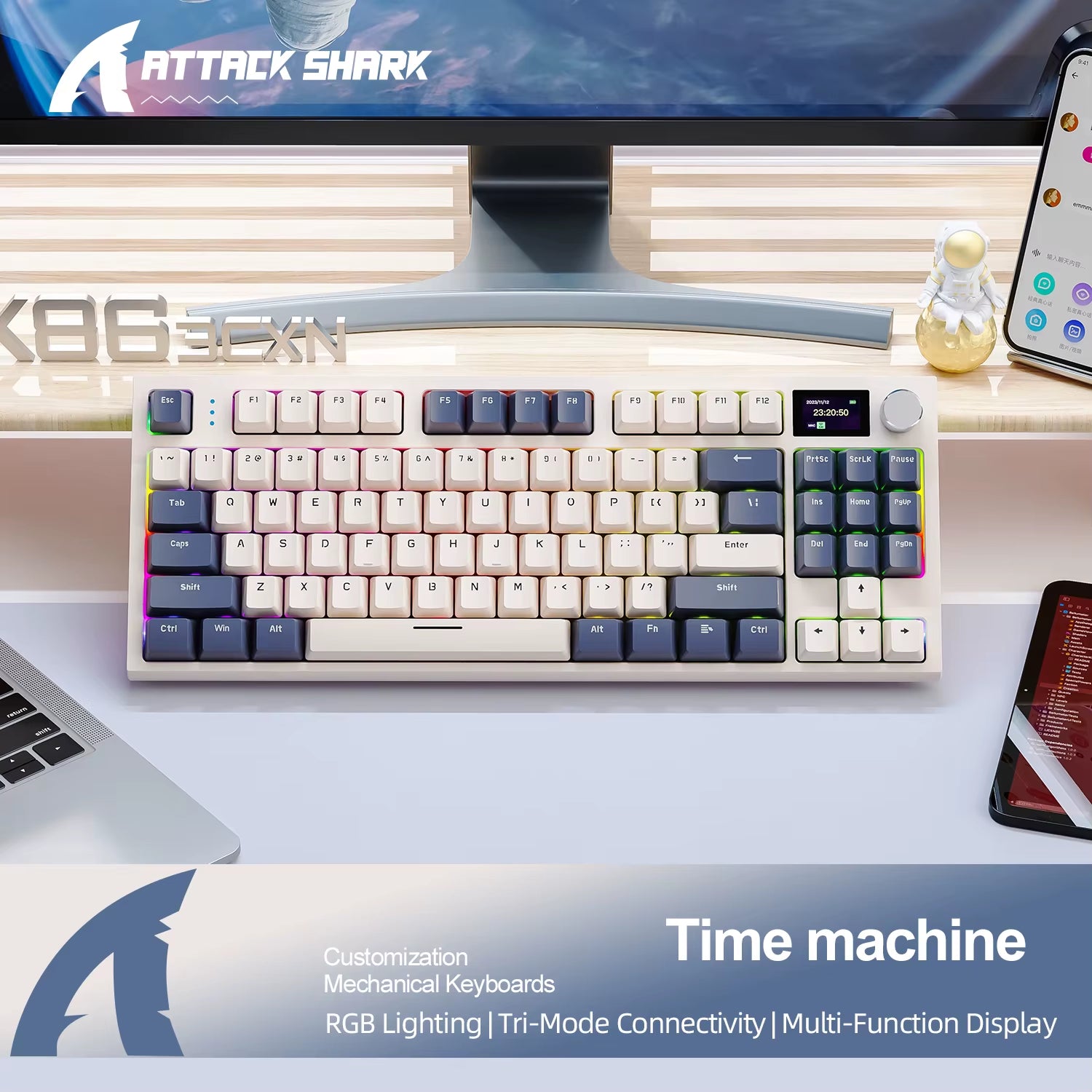 Attackshark K86 Wireless Mechanical Keyboard with Smart Color Screen,Metal Knobs,Cloud Driver, Hot-Swap,Multi-Function,Bluetooth