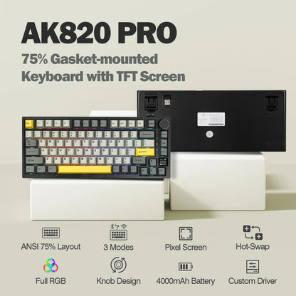 AK820 Pro 75% Gasket-Mounted Bluetooth 5.1/2.4G Wireless/Type-C Wired Mechanical Keyboard with TFT Screen for Mac/Win