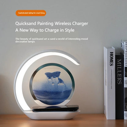 15W Wireless Charger with Quicksand Painting Night Lamp Table Top Decoration Fast Charging Station for Iphone 16 Pro Max Charger