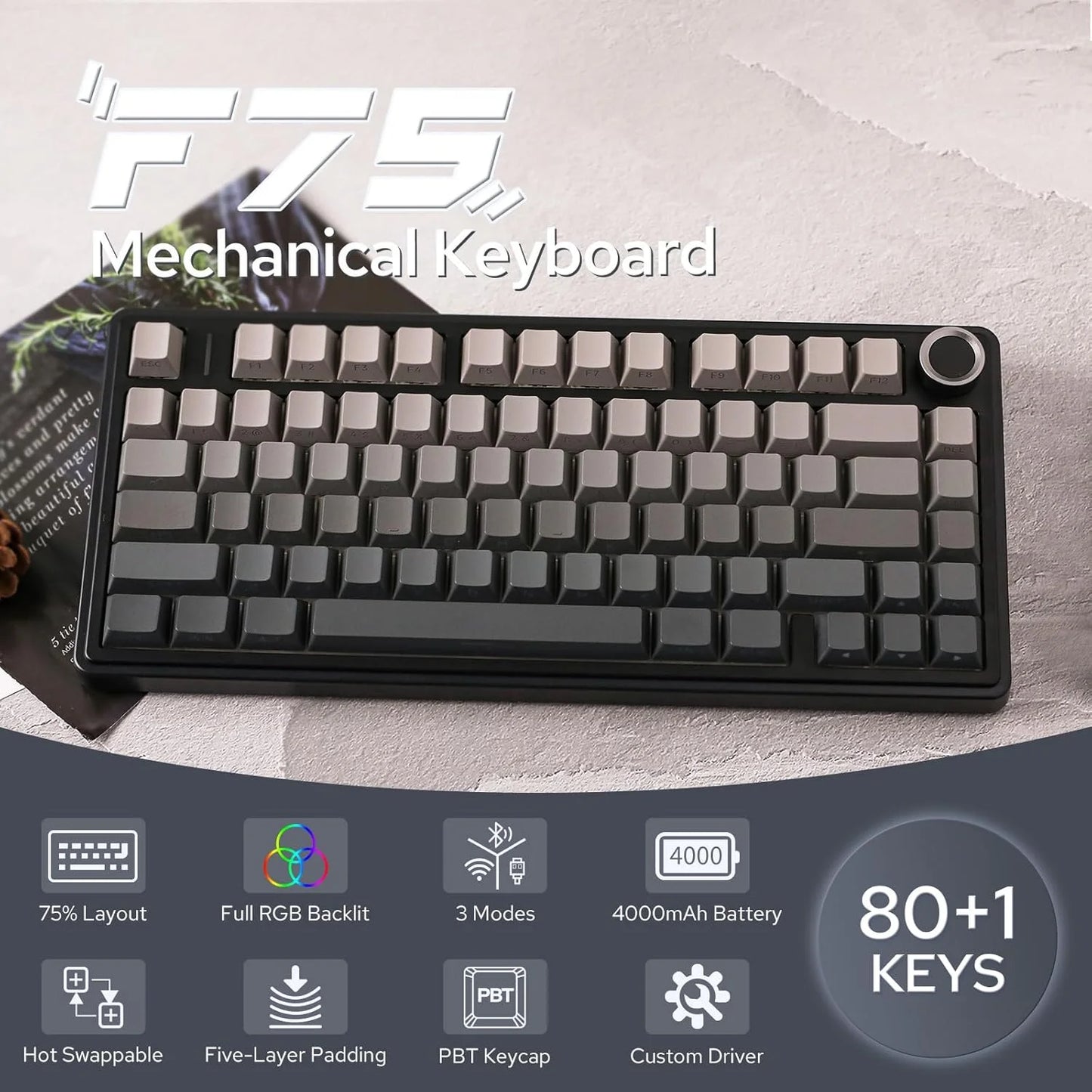 F75 Pro Gasket Mounted Wireless Gaming Mechanical Keyboard RGB Customized 75% Layout Side-Engraving PBT Keycaps