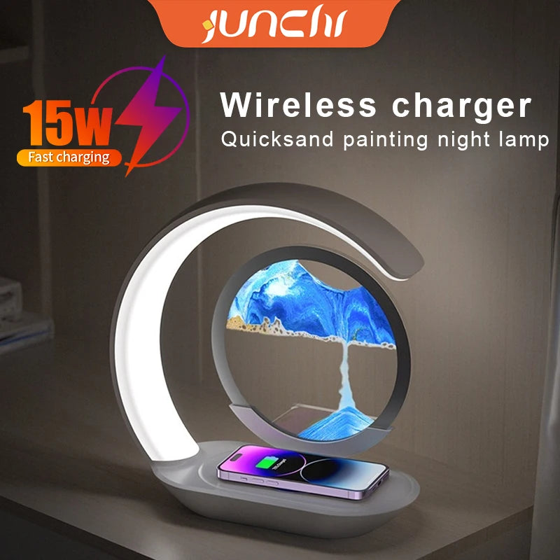 15W Wireless Charger with Quicksand Painting Night Lamp Table Top Decoration Fast Charging Station for Iphone 16 Pro Max Charger