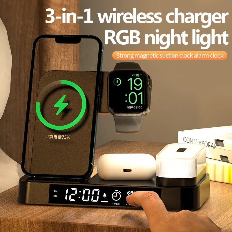 30W 3 in 1 Wireless Charger Stand Pad Alarm Clock Night Light Fast Charging Station Dock for Iphone Samsung Galaxy Watch Iwatch