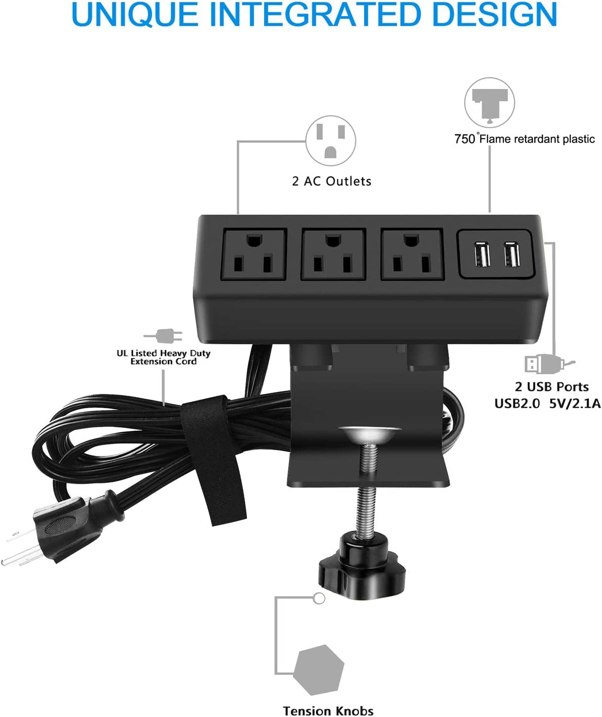 3 Outlet Desk Clamp Power Strip with USB Ports, Desktop Power Strip Surge Protector 1200J. Desk Mount Charging Power Station, on Desk Edge Power Outlet 125V 12A 1500W.