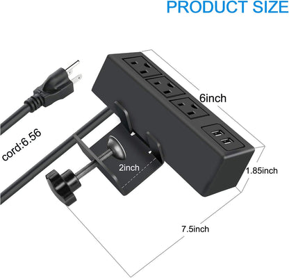 3 Outlet Desk Clamp Power Strip with USB Ports, Desktop Power Strip Surge Protector 1200J. Desk Mount Charging Power Station, on Desk Edge Power Outlet 125V 12A 1500W.